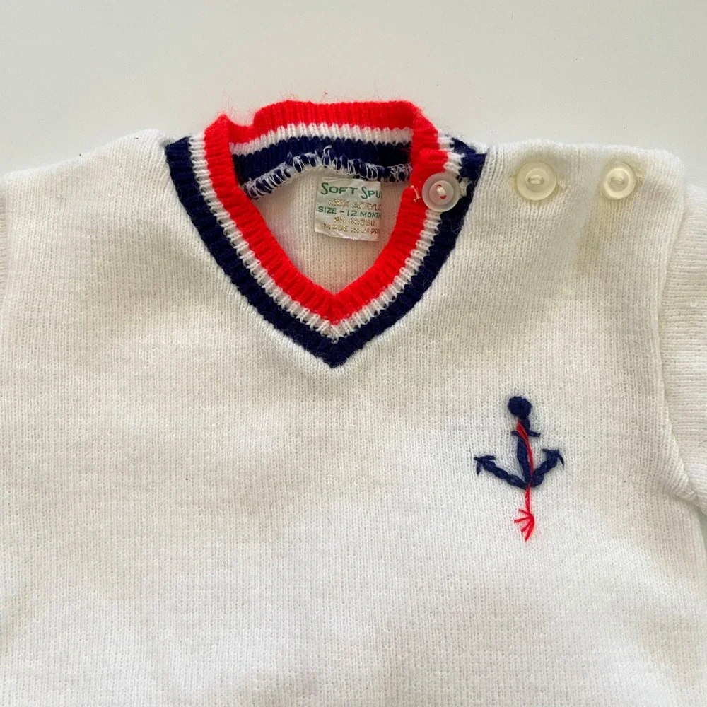 Vintage 60s Soft Spun Nautical Knit Set‎ 12M Sweater Shorts Preppy Coastal